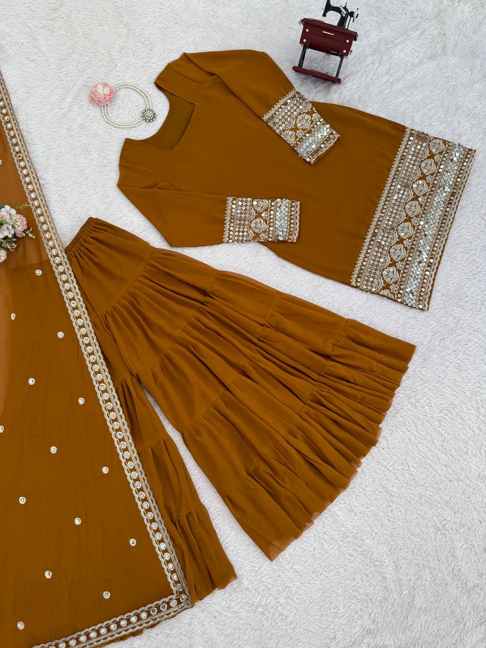 Ravishing Brown Georgette Thread Work Sharara Suit