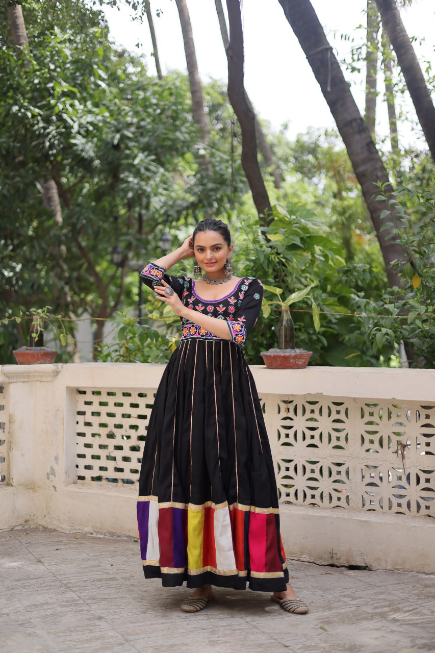 Navratri Collection White Roman Thread Work Gown