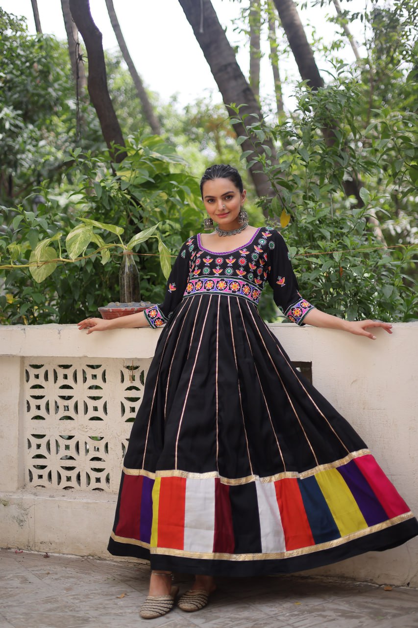 Navratri Collection White Roman Thread Work Gown