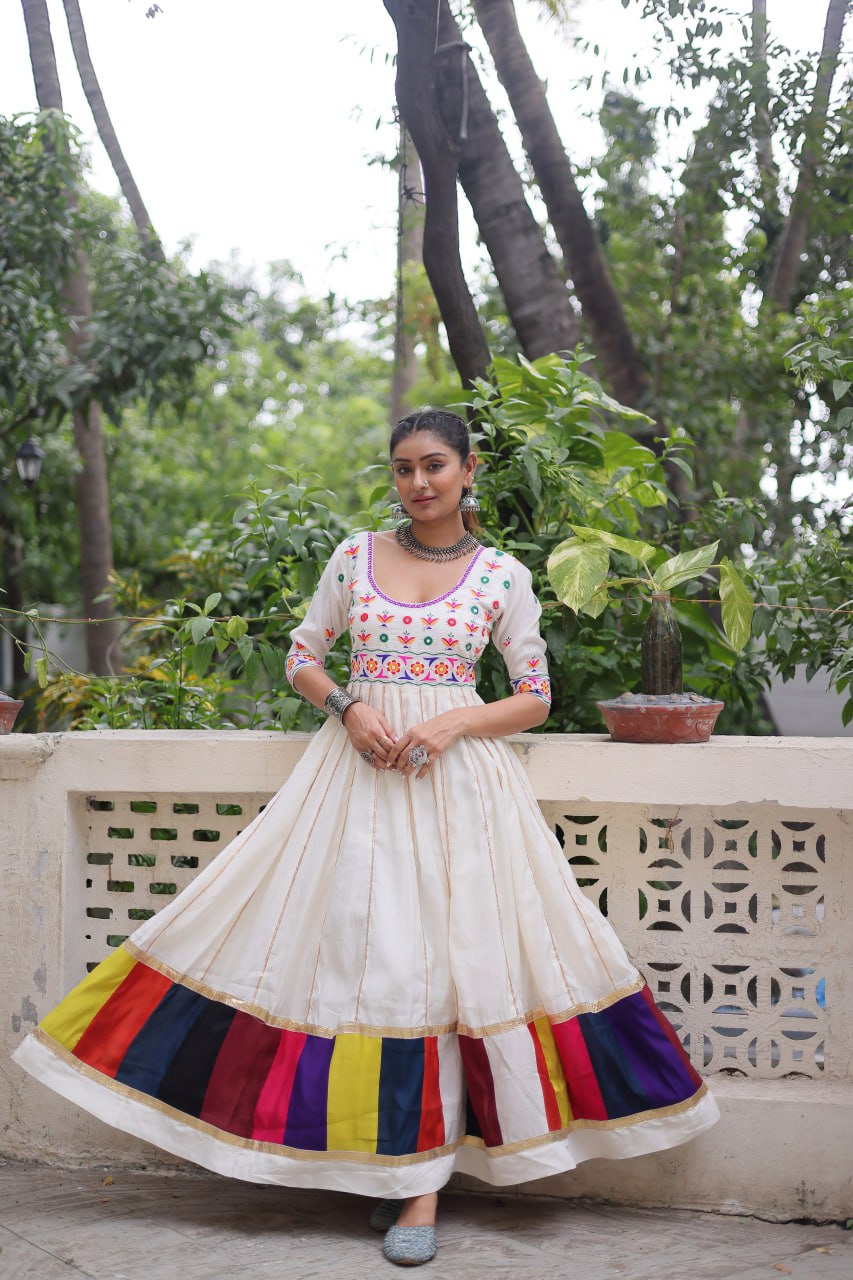 Navratri Collection White Roman Thread Work Gown