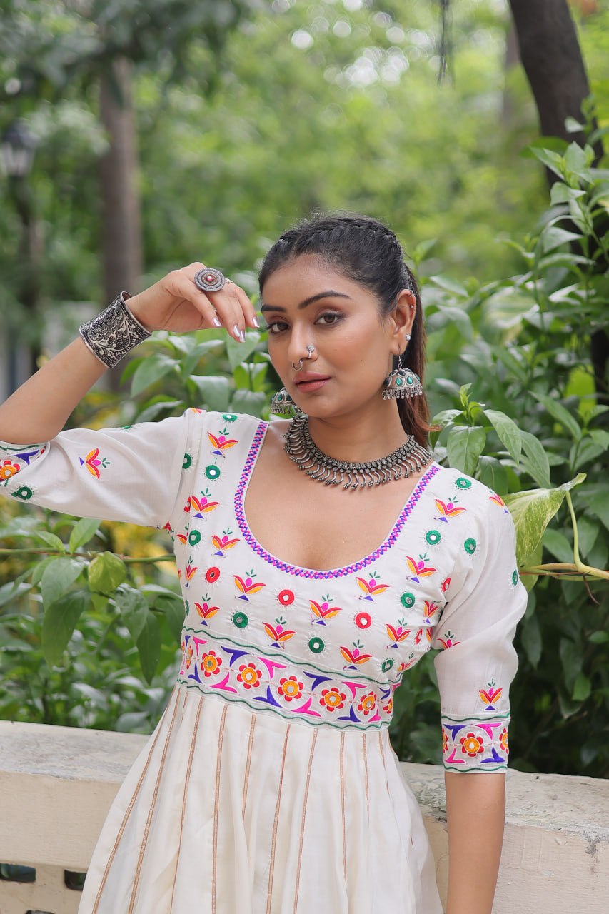 Navratri Collection White Roman Thread Work Gown