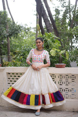 Navratri Collection White Roman Thread Work Gown