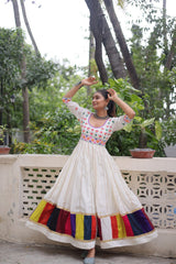 Navratri Collection White Roman Thread Work Gown