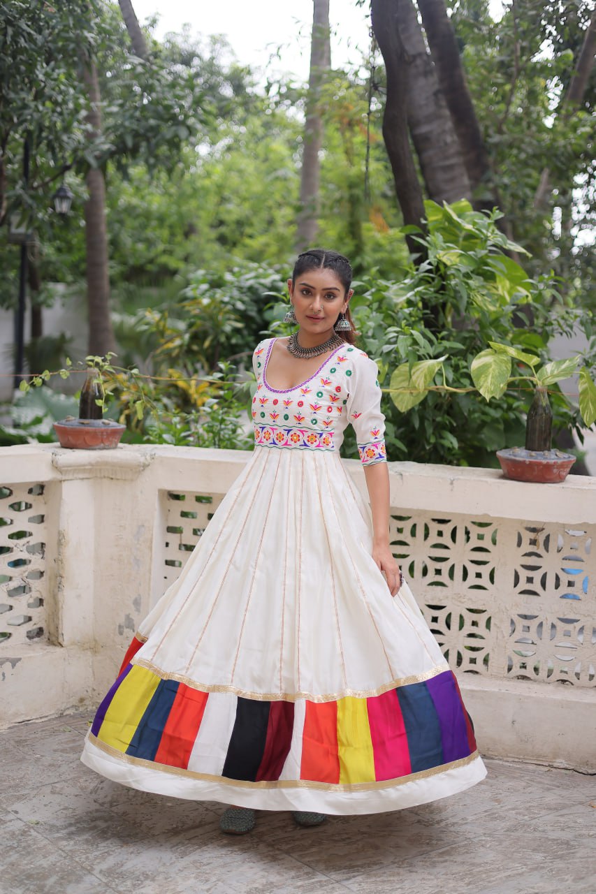 Navratri Collection White Roman Thread Work Gown