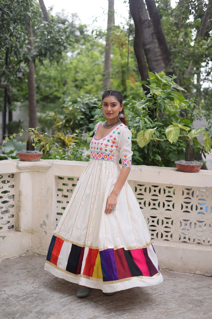 Navratri Collection White Roman Thread Work Gown