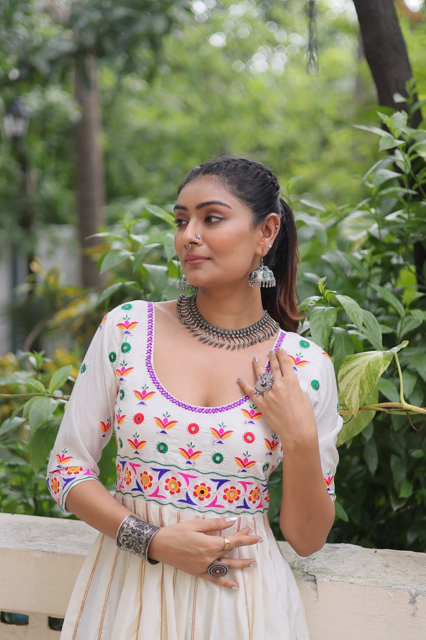 Navratri Collection White Roman Thread Work Gown
