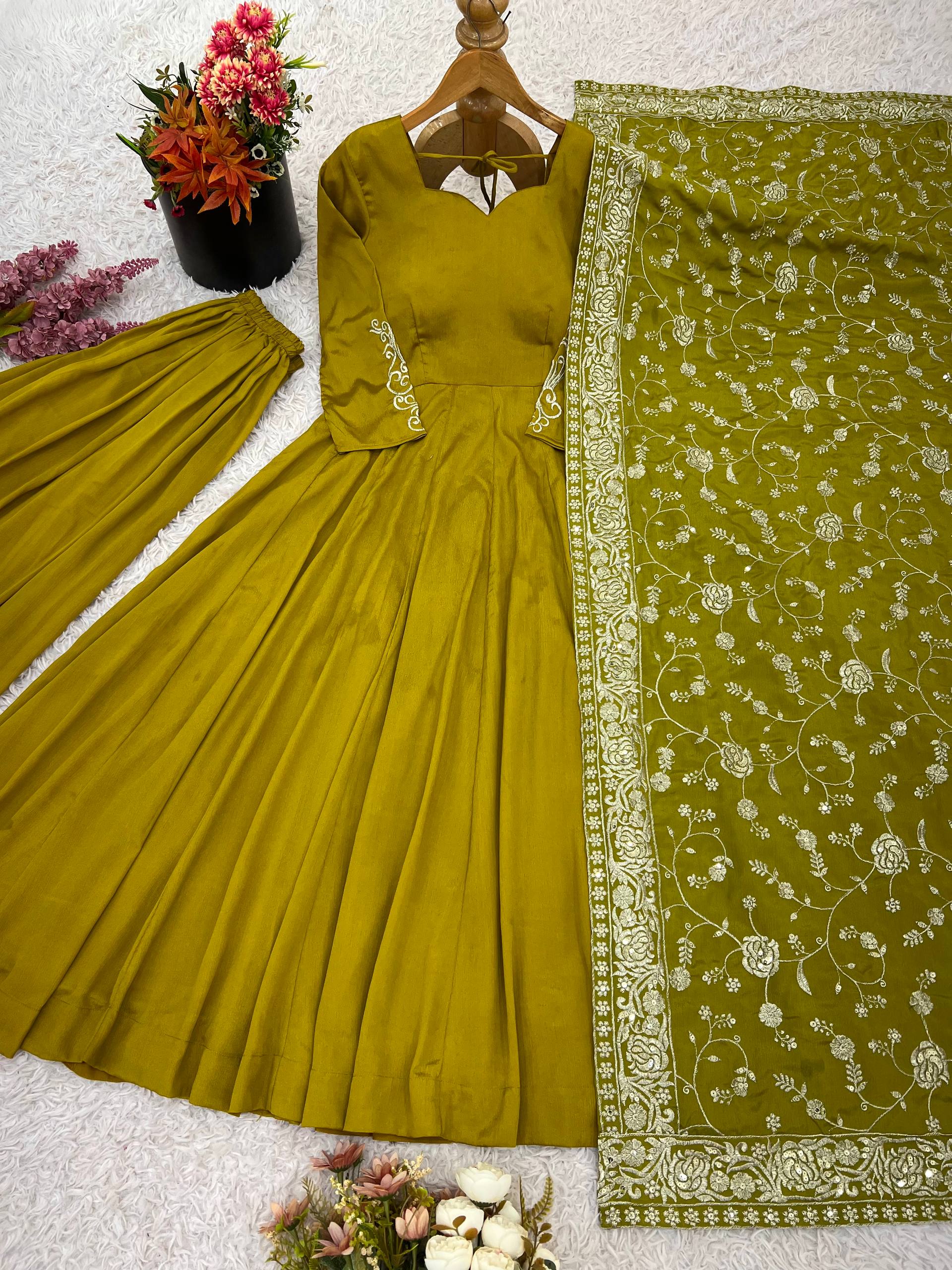 Awesome Green Color Embroidery Work Gown