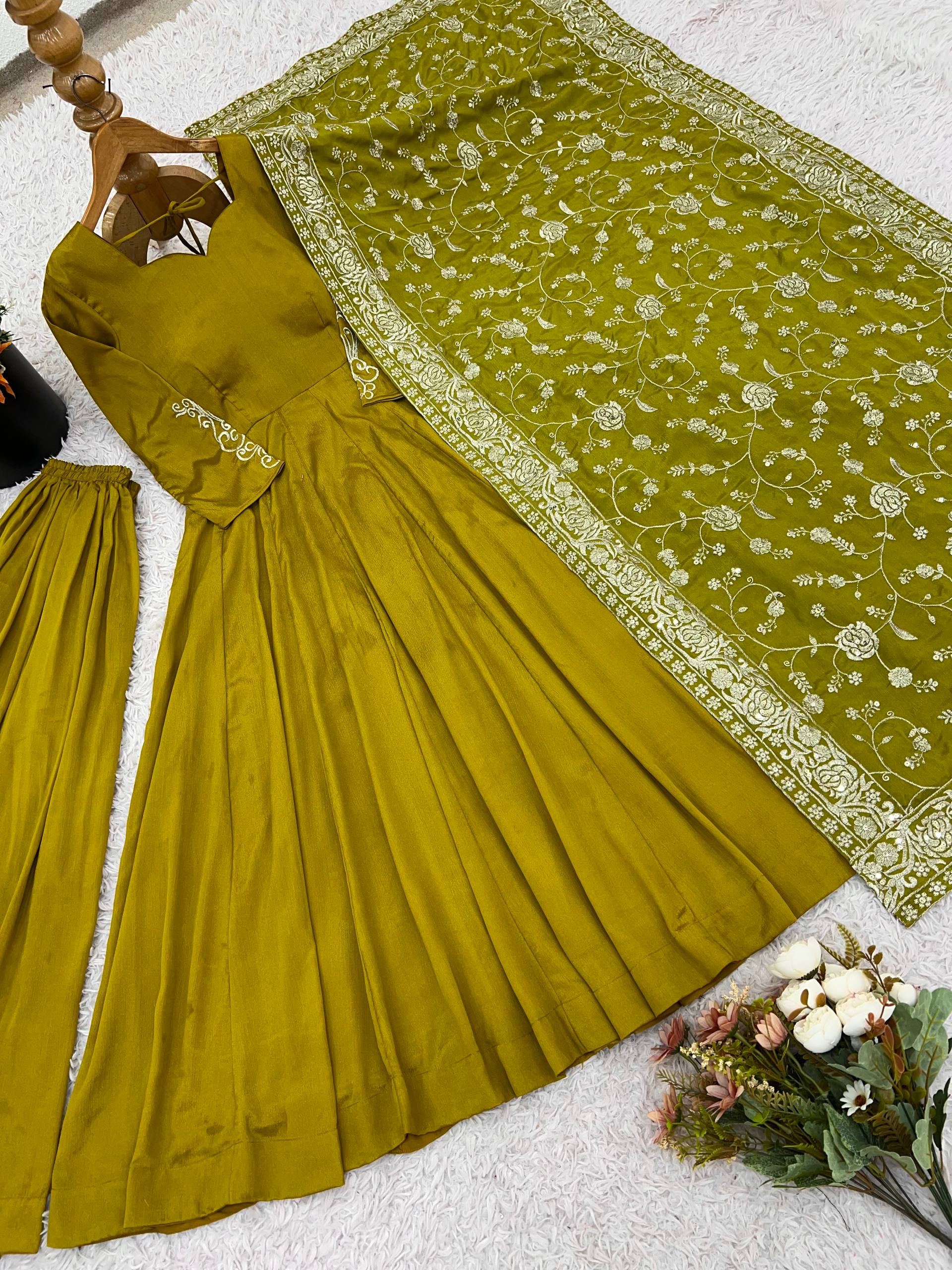 Awesome Green Color Embroidery Work Gown
