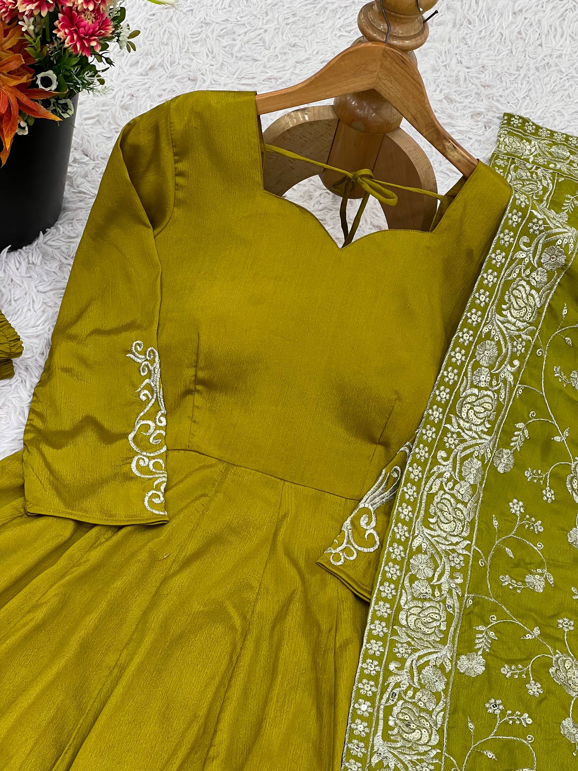 Awesome Green Color Embroidery Work Gown