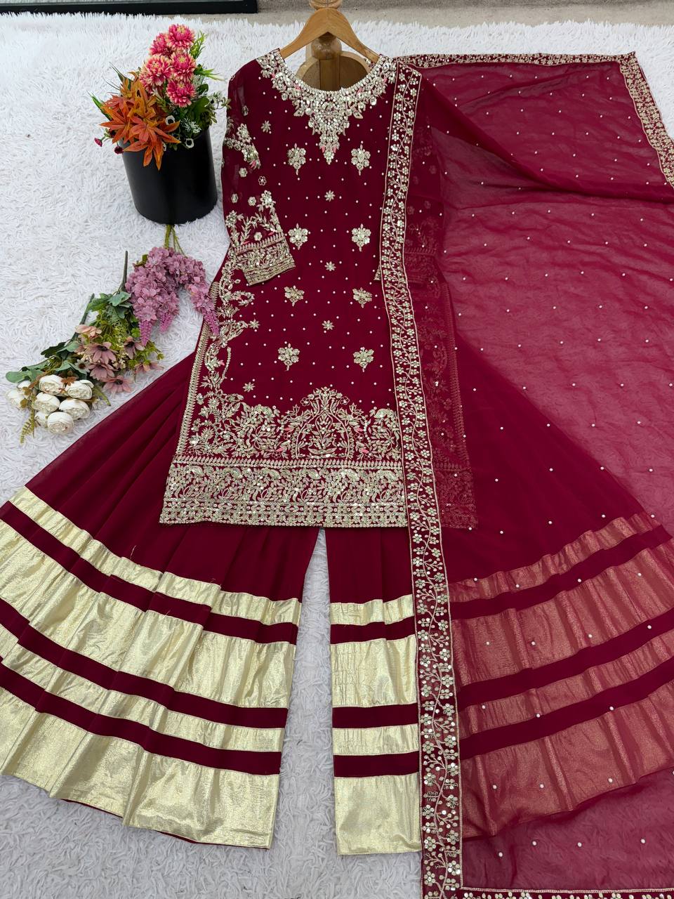 Lovely Red Color Sequence Work Sharara Suit