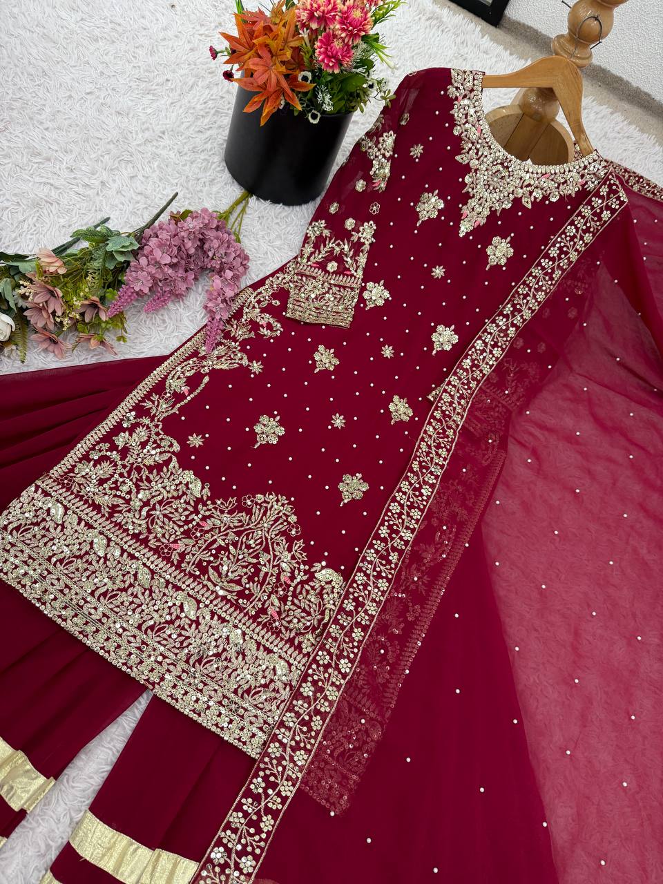 Lovely Red Color Sequence Work Sharara Suit