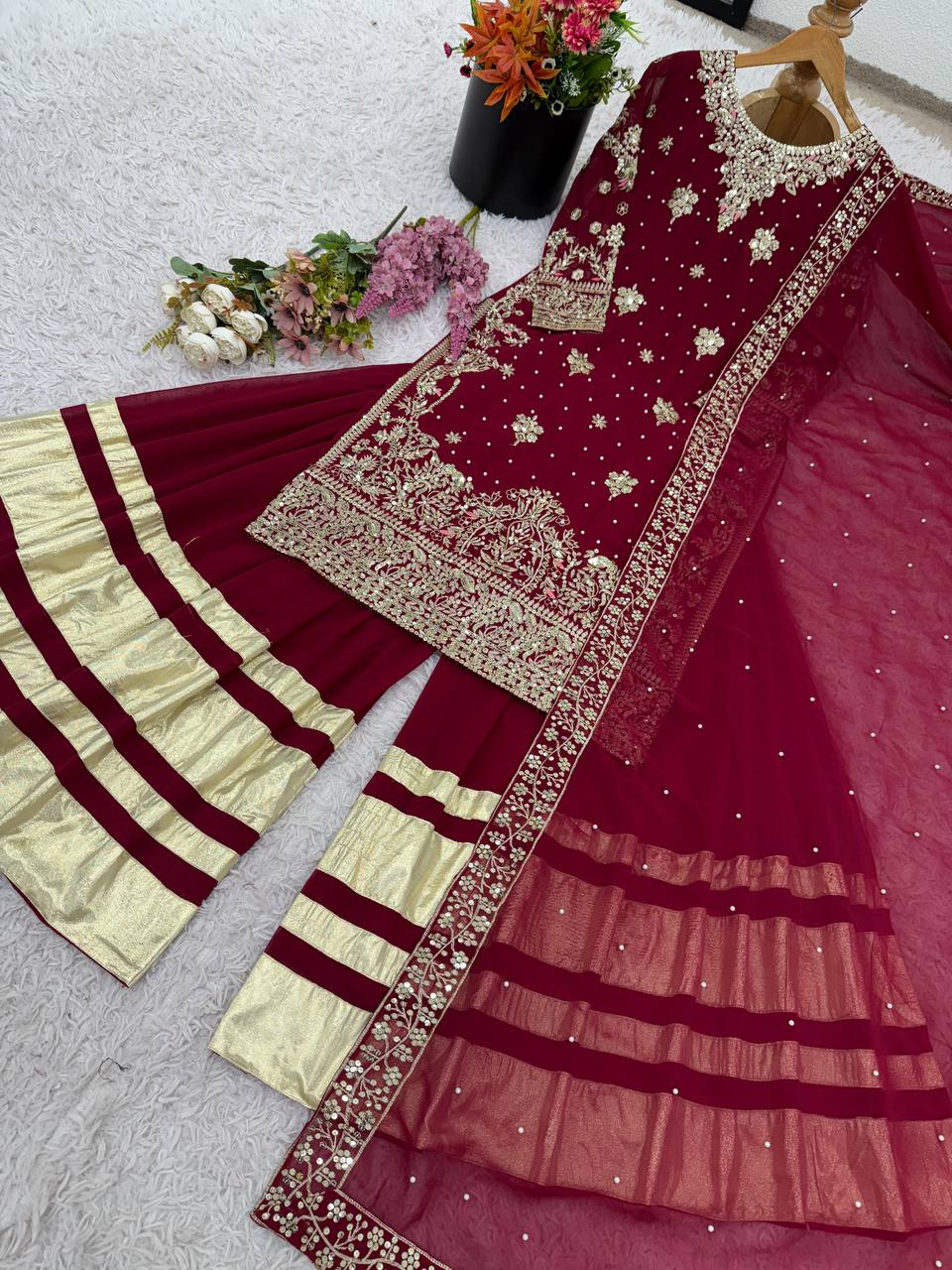Lovely Red Color Sequence Work Sharara Suit