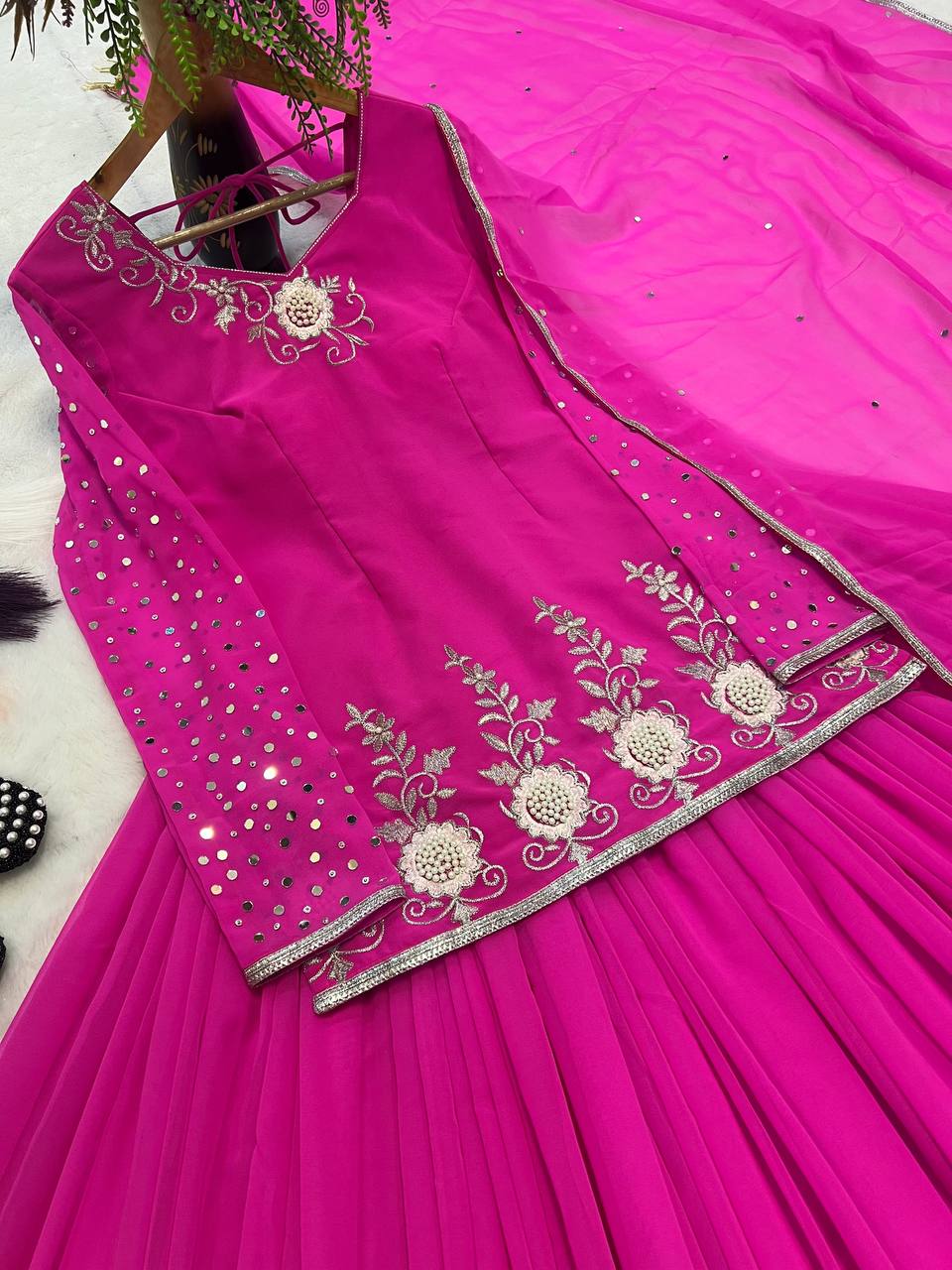 Stylish Pink Color Georgette Work Top With Lehenga
