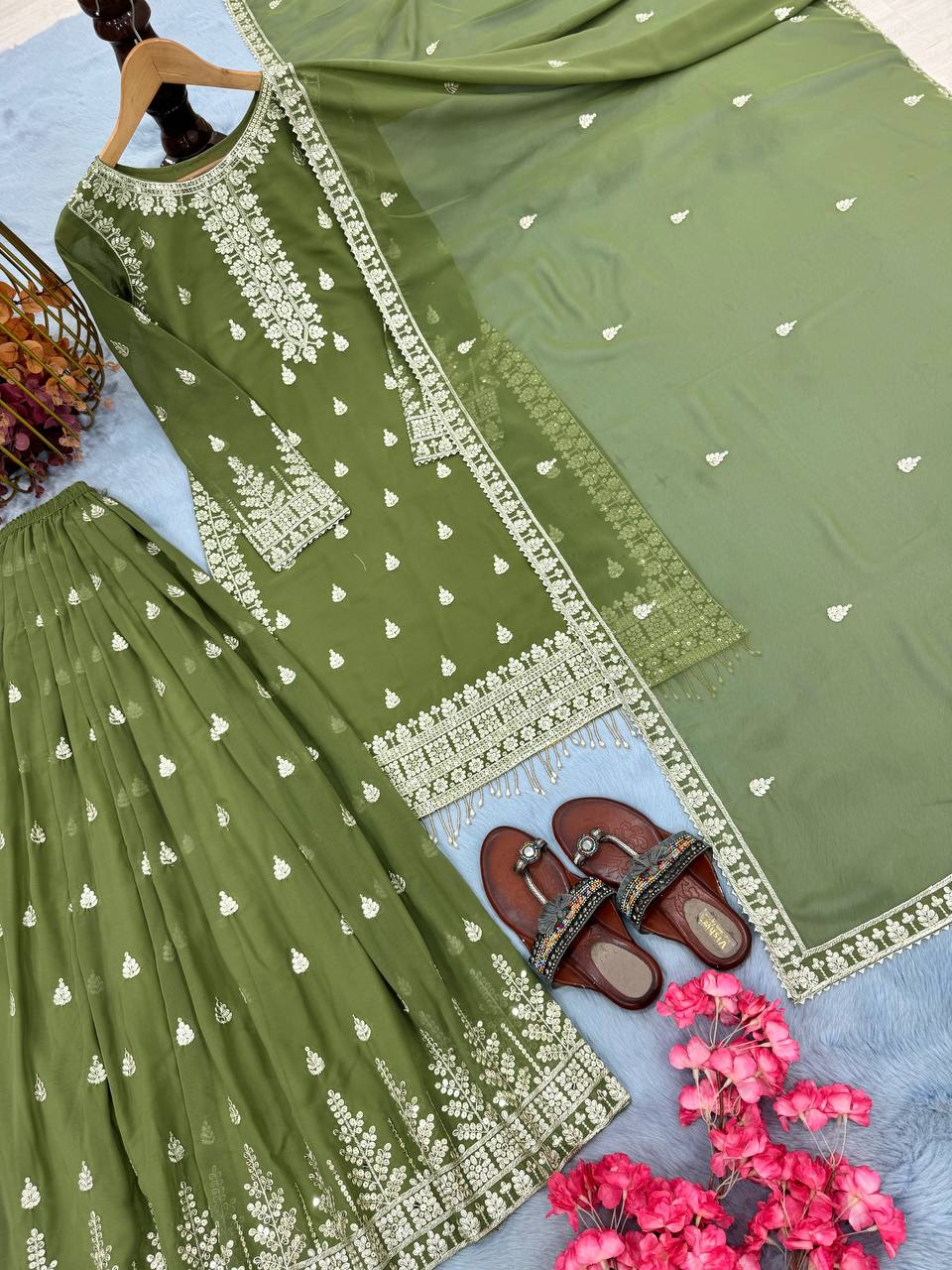 Trendy Olive Green Georgette Sequence Work Palazzo Suit