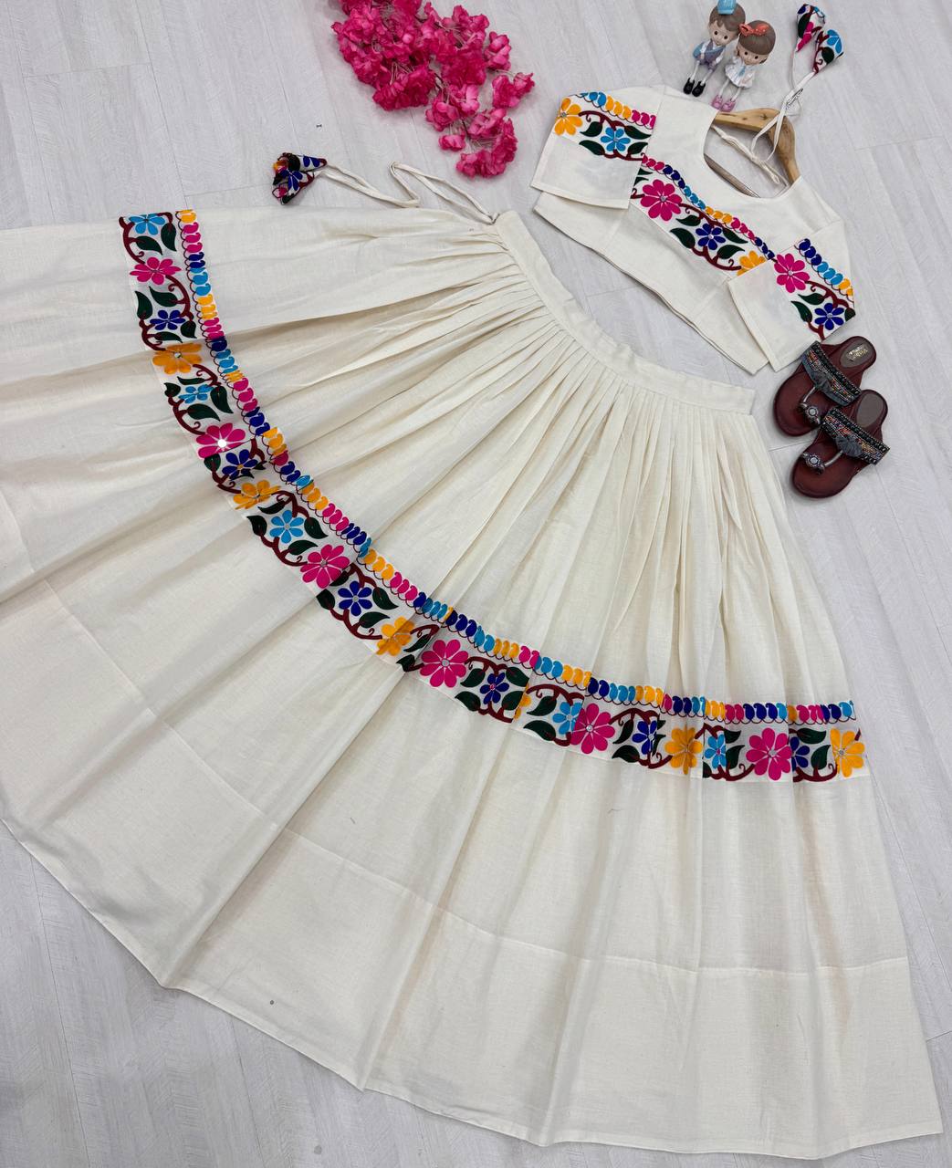 Navratri Wear White Cotton Work Lehenga Choli