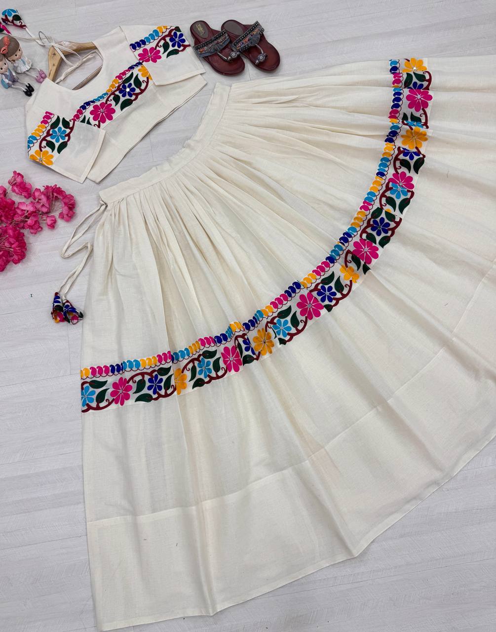 Navratri Wear White Cotton Work Lehenga Choli