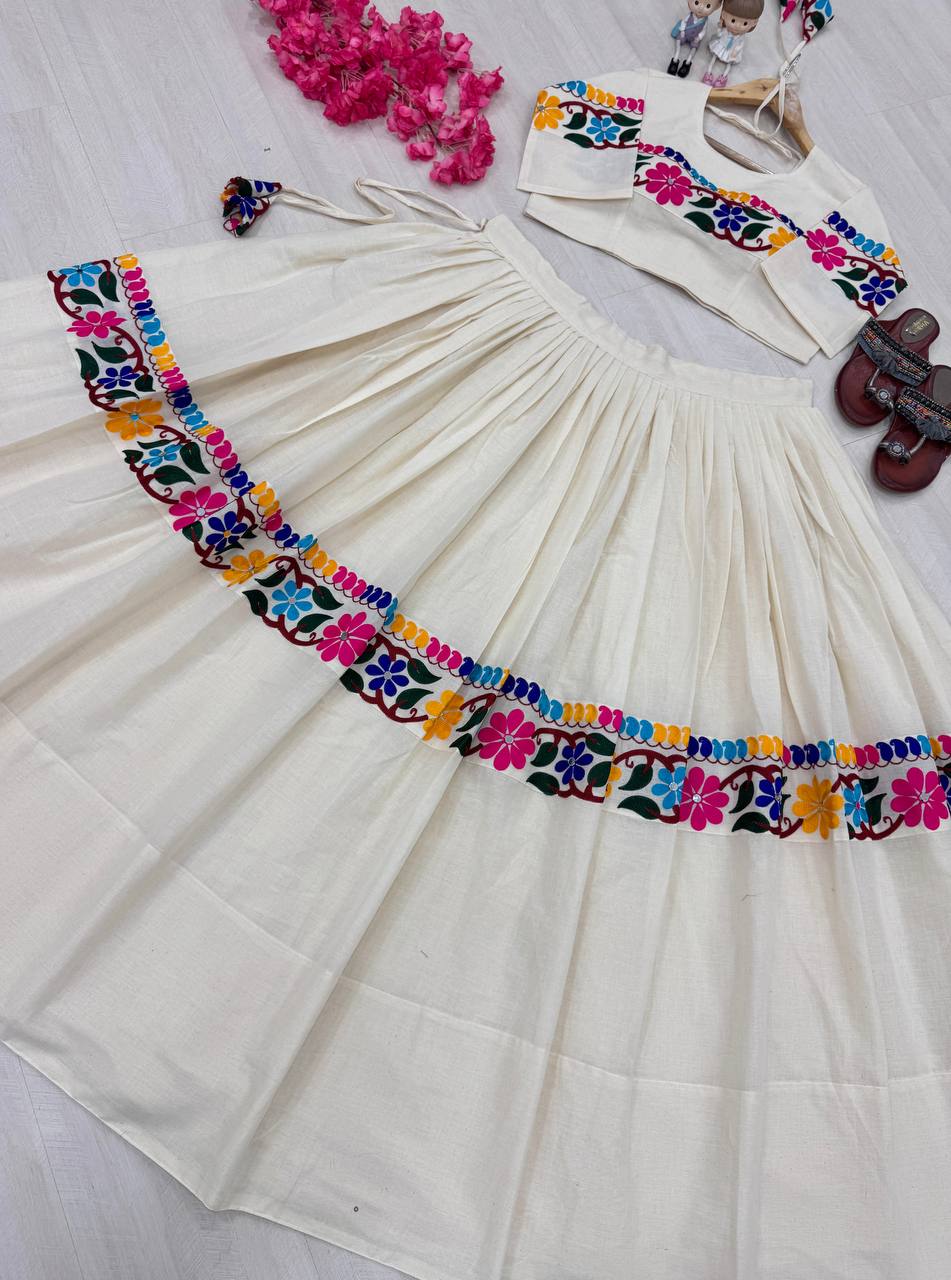 Navratri Wear White Cotton Work Lehenga Choli