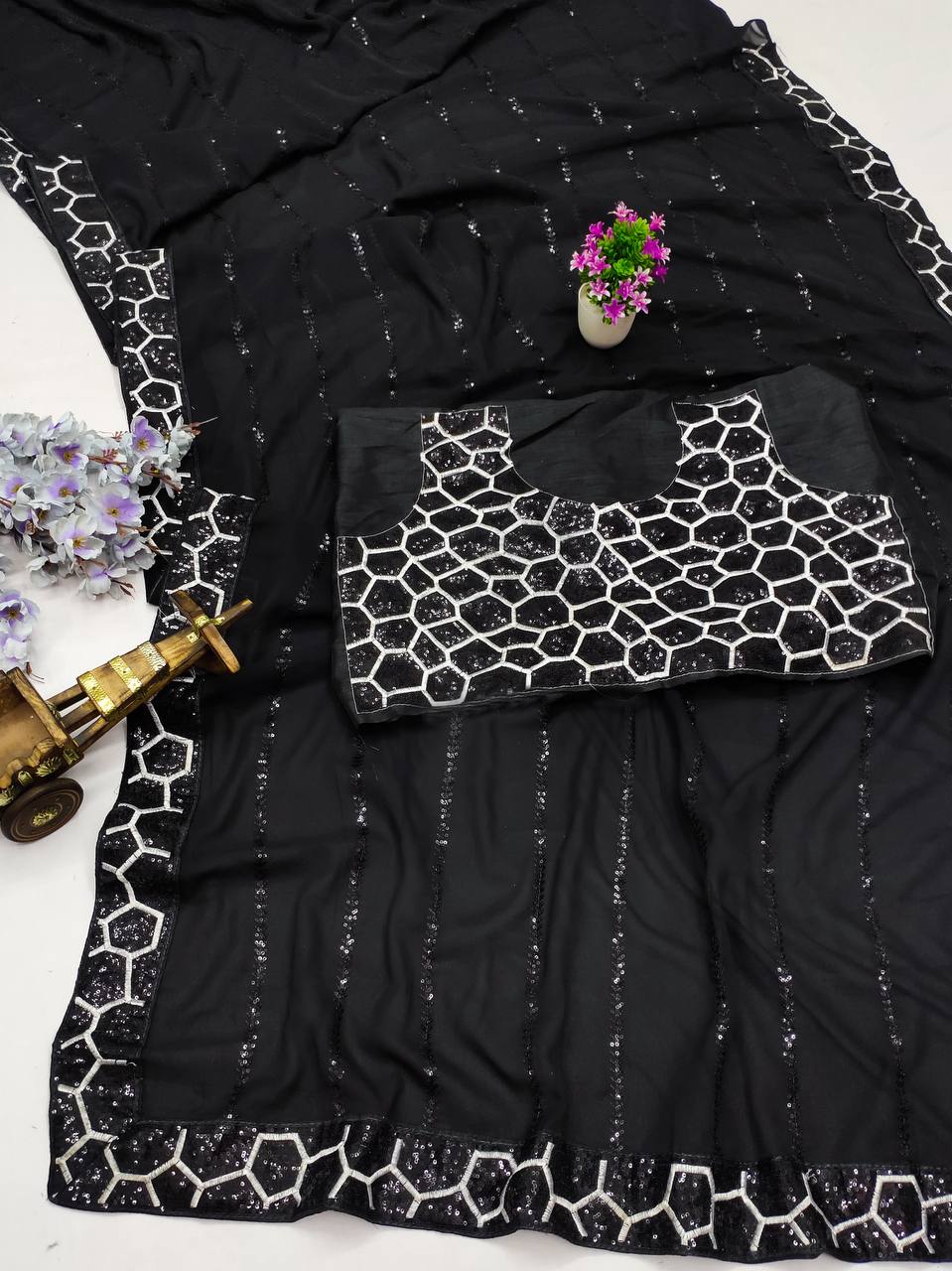 Party Wear Black Georgette Embroidery Work Saree