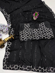 Party Wear Black Georgette Embroidery Work Saree