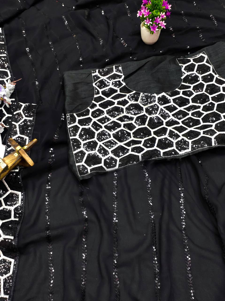 Party Wear Black Georgette Embroidery Work Saree