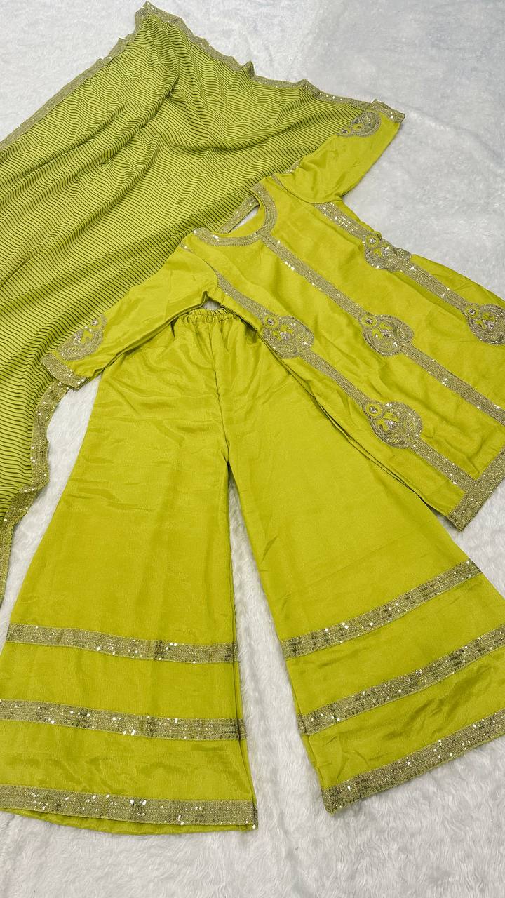 Lovely Green Chinon Silk Zari Work Palazzo Suit