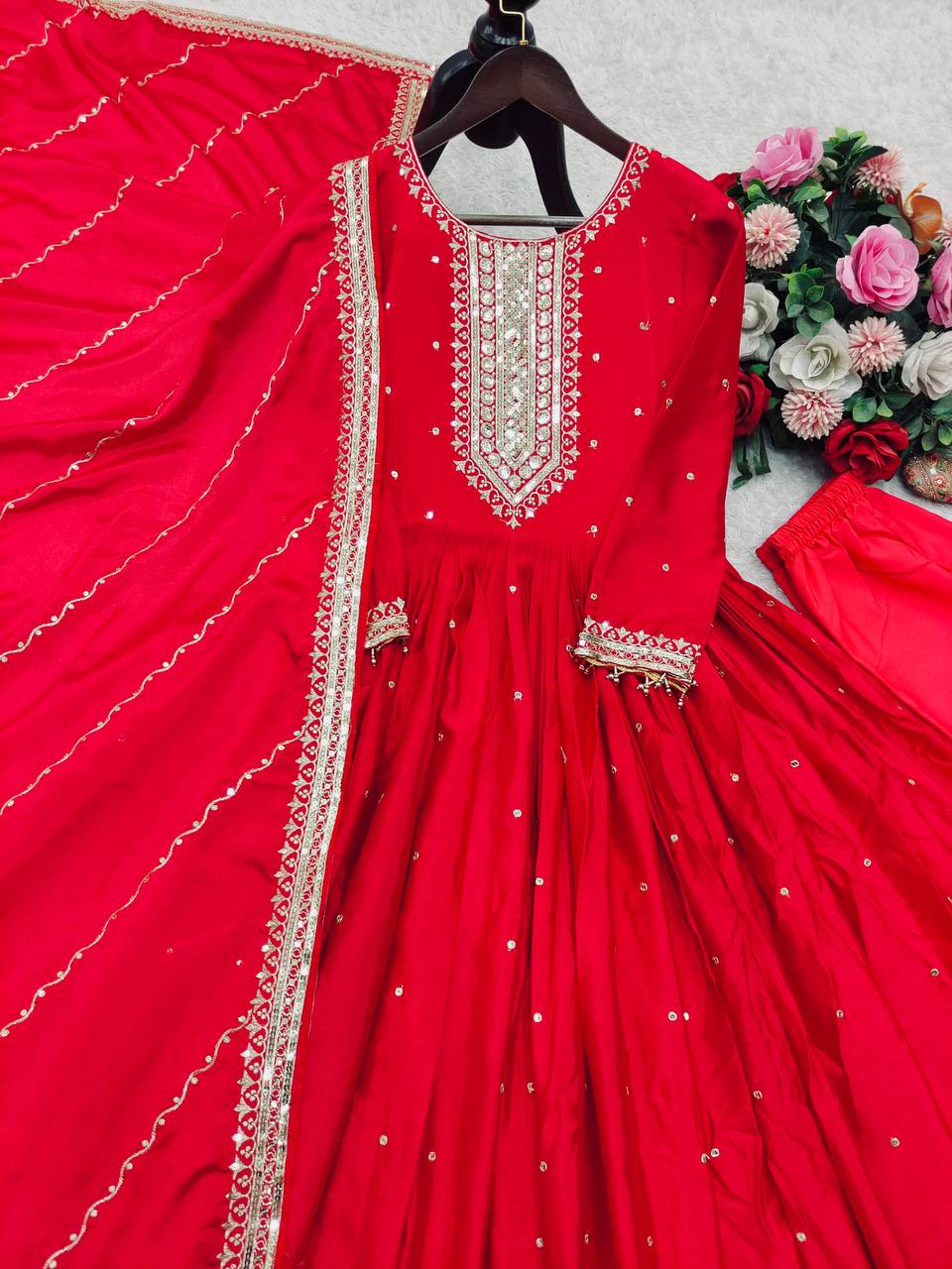 Gorgeous Red Color Sequence Work Designer Gown