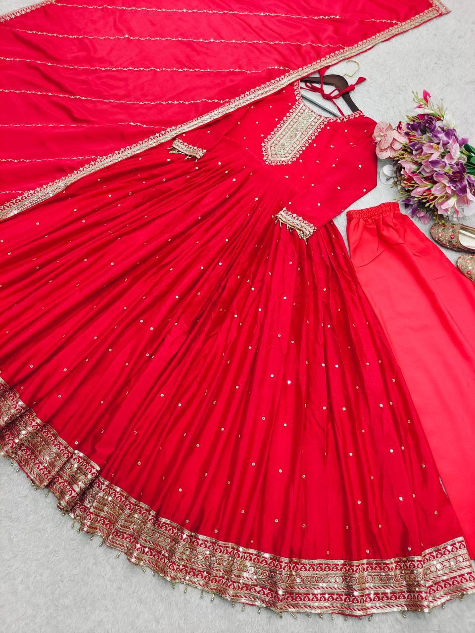 Gorgeous Red Color Sequence Work Designer Gown