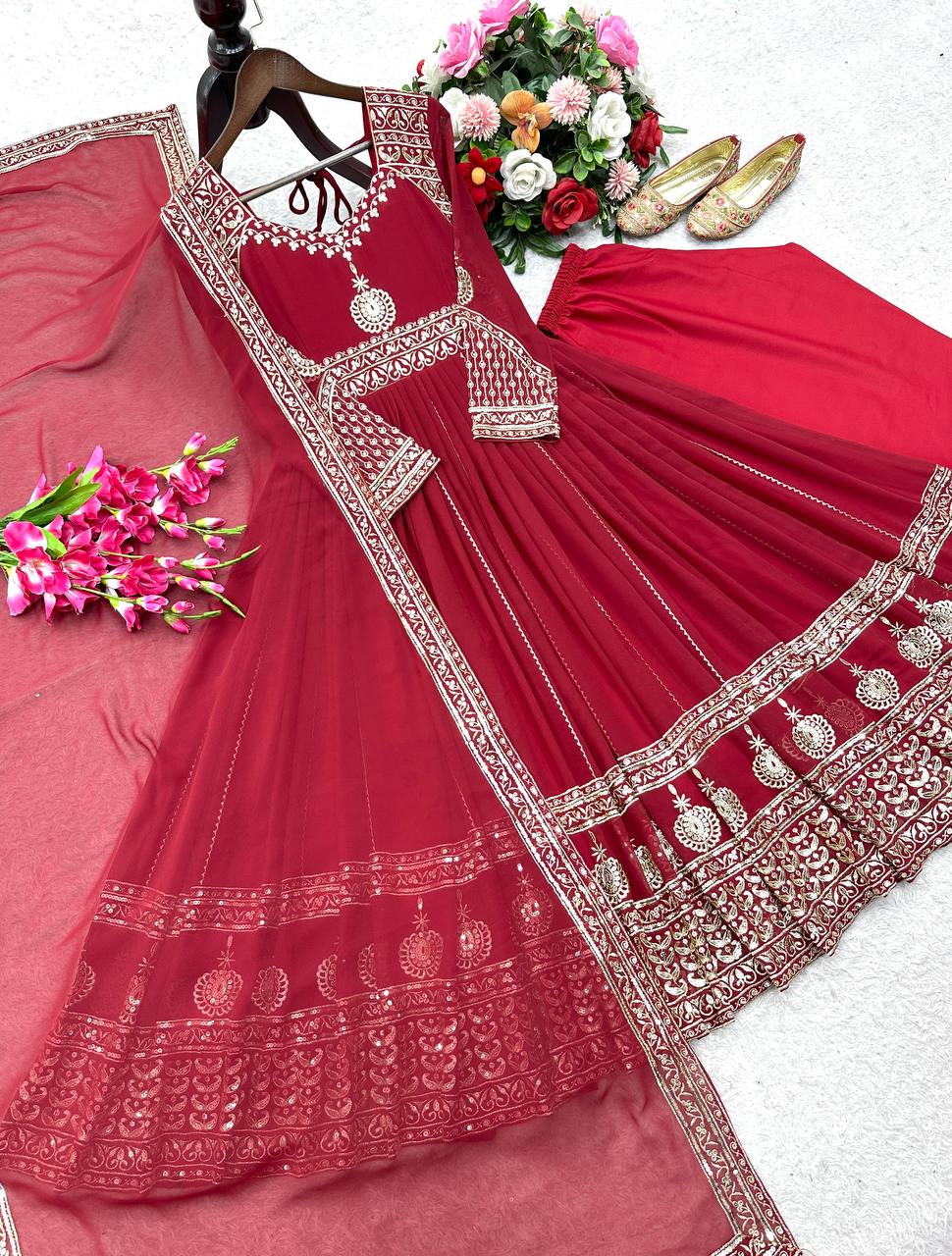 Gorgeous Red Georgette Embroidery Gown
