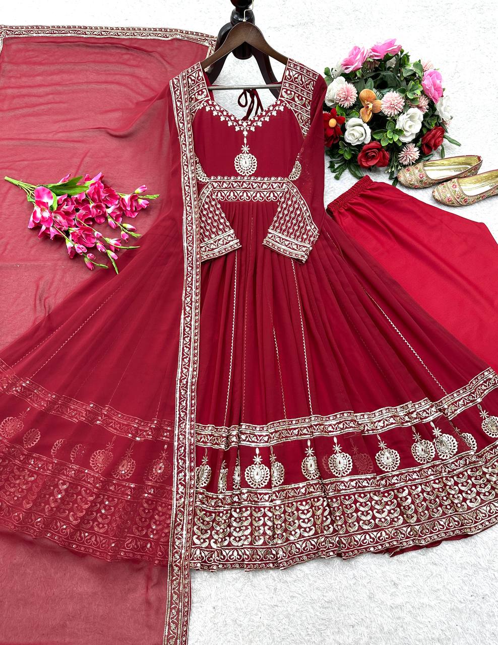 Gorgeous Red Georgette Embroidery Gown