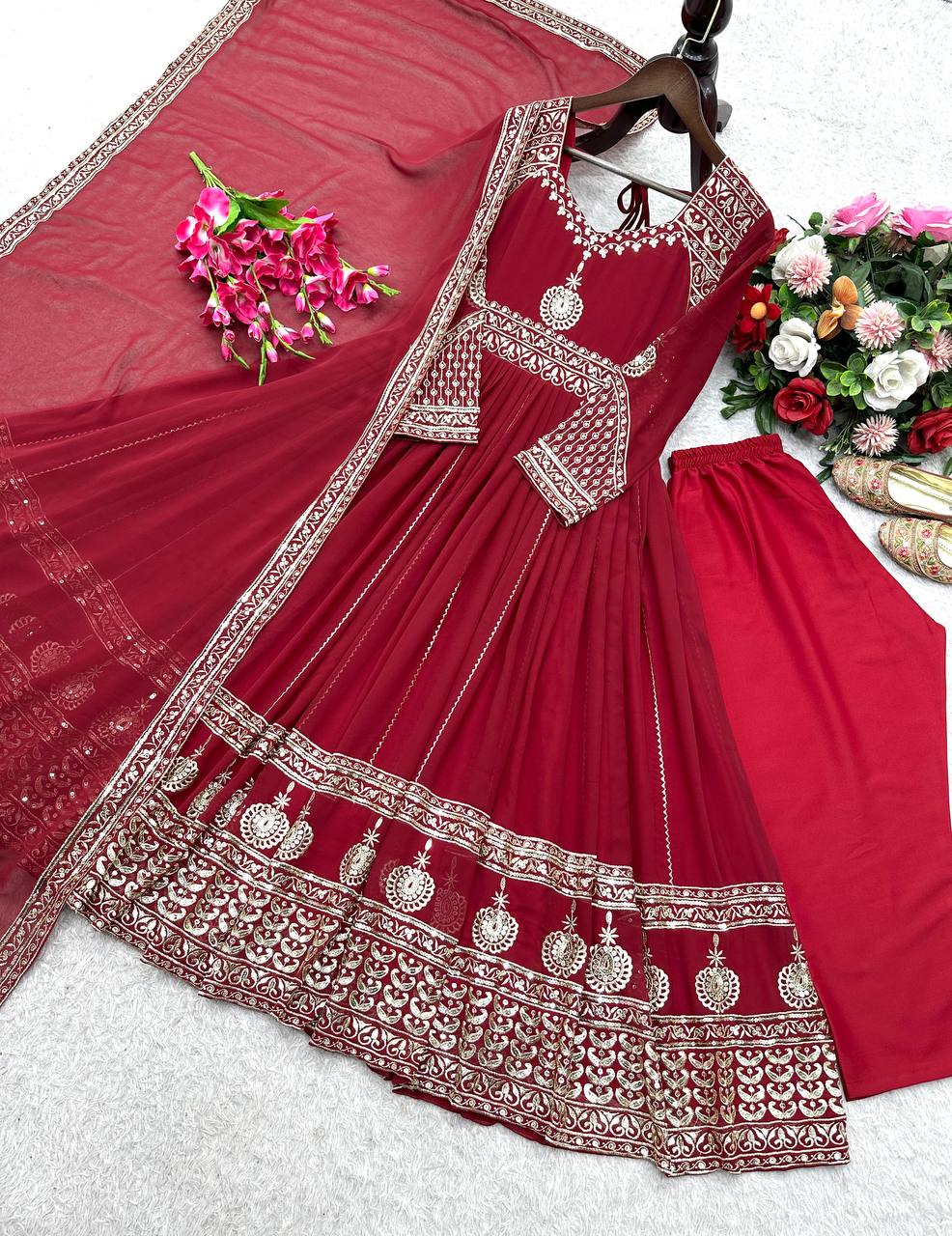 Gorgeous Red Georgette Embroidery Gown