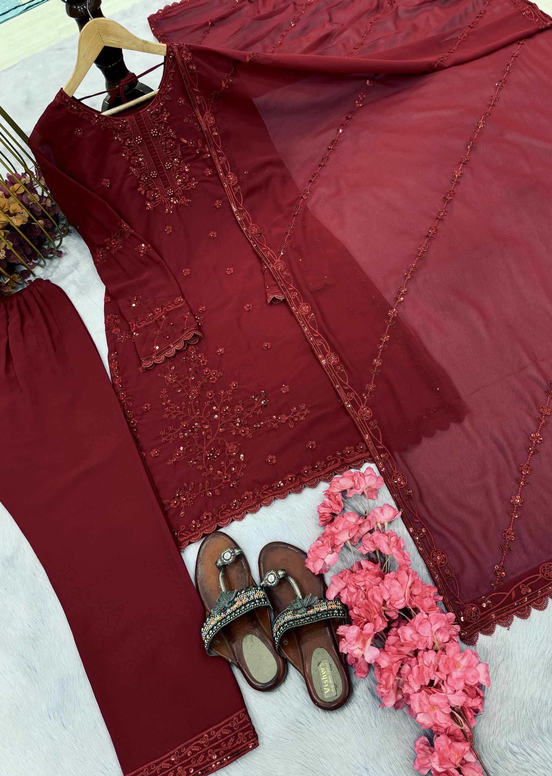 Ravishing Red Color Georgette Sequence Work Palazzo Suit