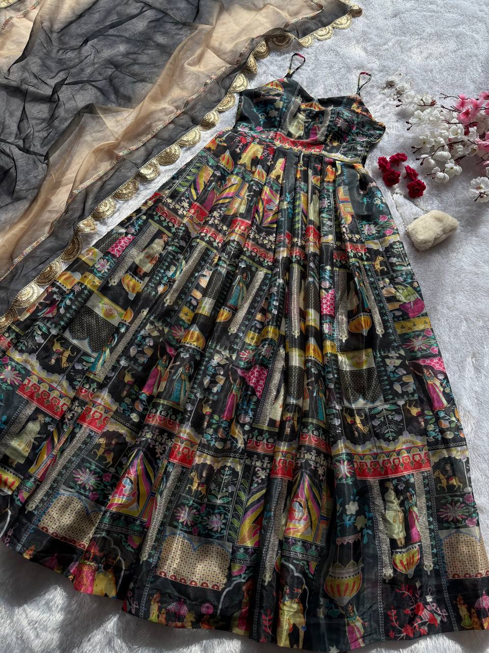 Lovely Green Color Organza Digital Printed Anarkali Gown