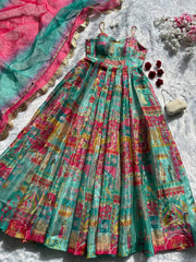 Lovely Green Color Organza Digital Printed Anarkali Gown
