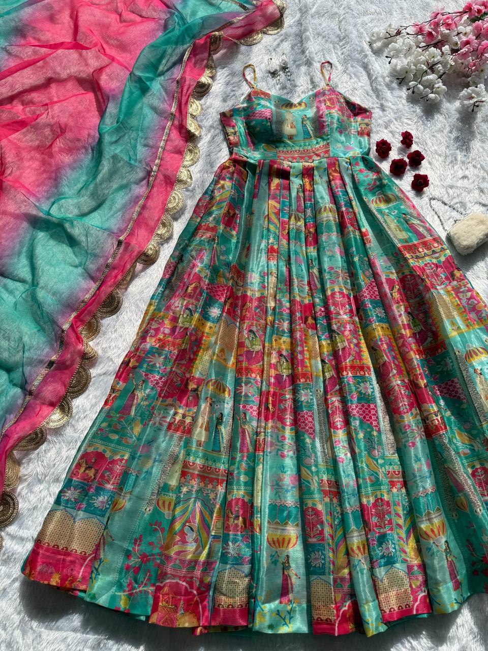 Lovely Green Color Organza Digital Printed Anarkali Gown