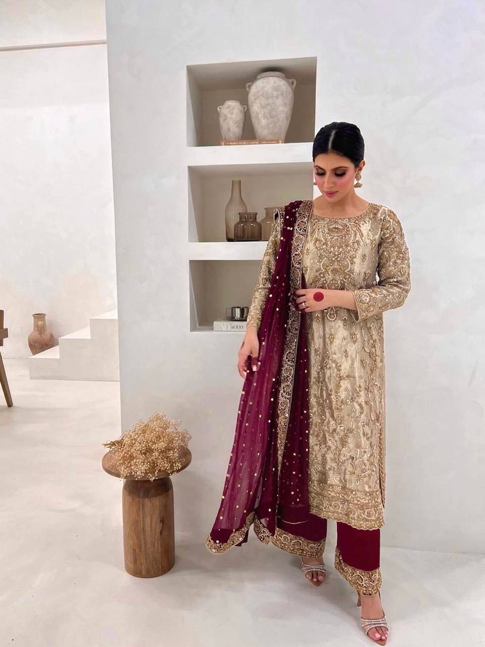 Gorgeous Beige Frendy Silk Embroidery Work Straight Salwar Suit