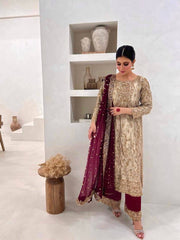 Gorgeous Beige Frendy Silk Embroidery Work Straight Salwar Suit