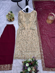 Gorgeous Beige Frendy Silk Embroidery Work Straight Salwar Suit
