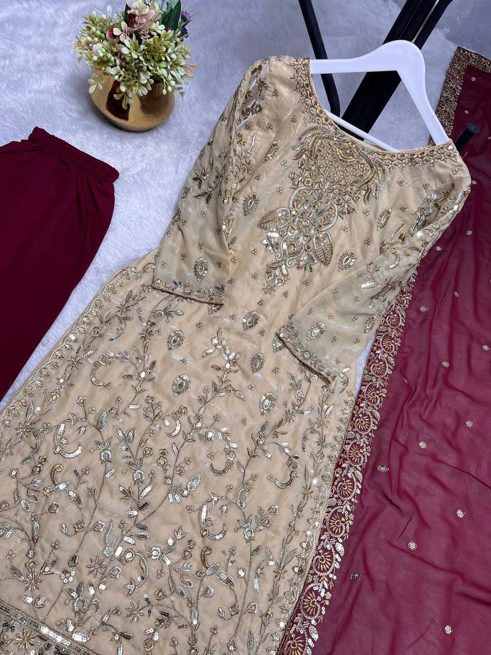 Gorgeous Beige Frendy Silk Embroidery Work Straight Salwar Suit