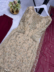 Gorgeous Beige Frendy Silk Embroidery Work Straight Salwar Suit
