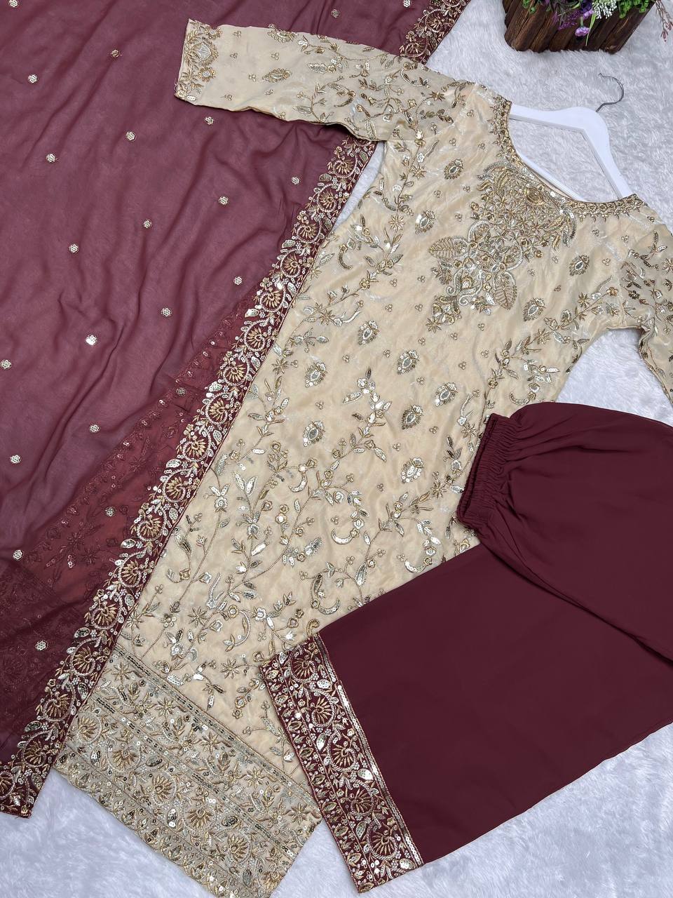 Gorgeous Beige Frendy Silk Embroidery Work Straight Salwar Suit