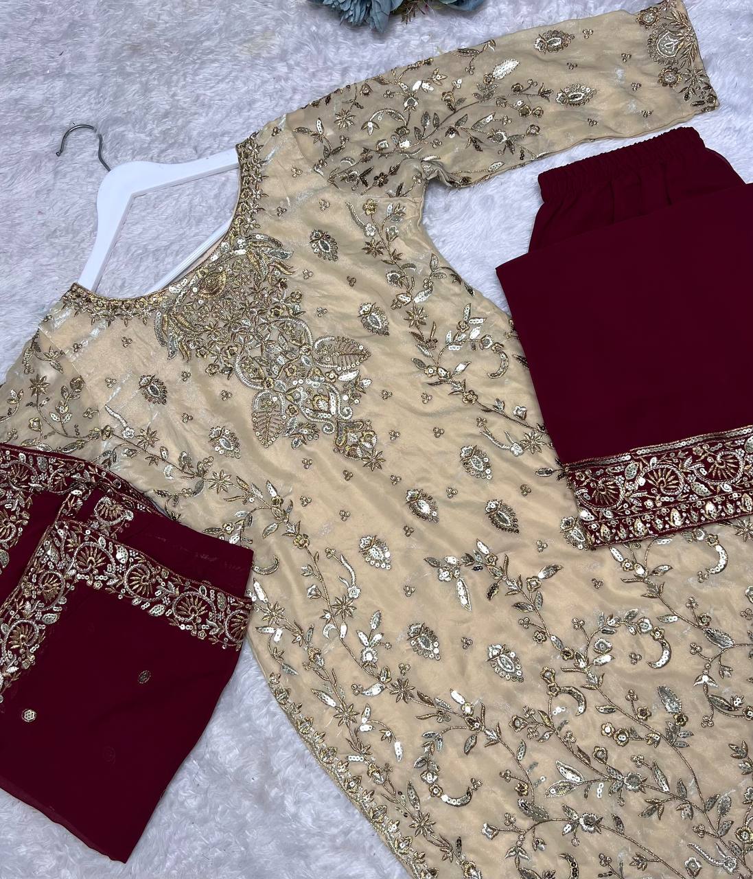 Gorgeous Beige Frendy Silk Embroidery Work Straight Salwar Suit