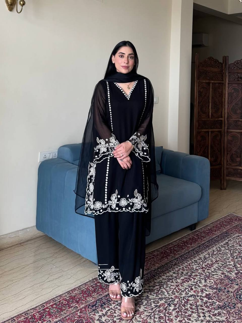 Lovely Black Georgette Embroidery Palazzo Suit