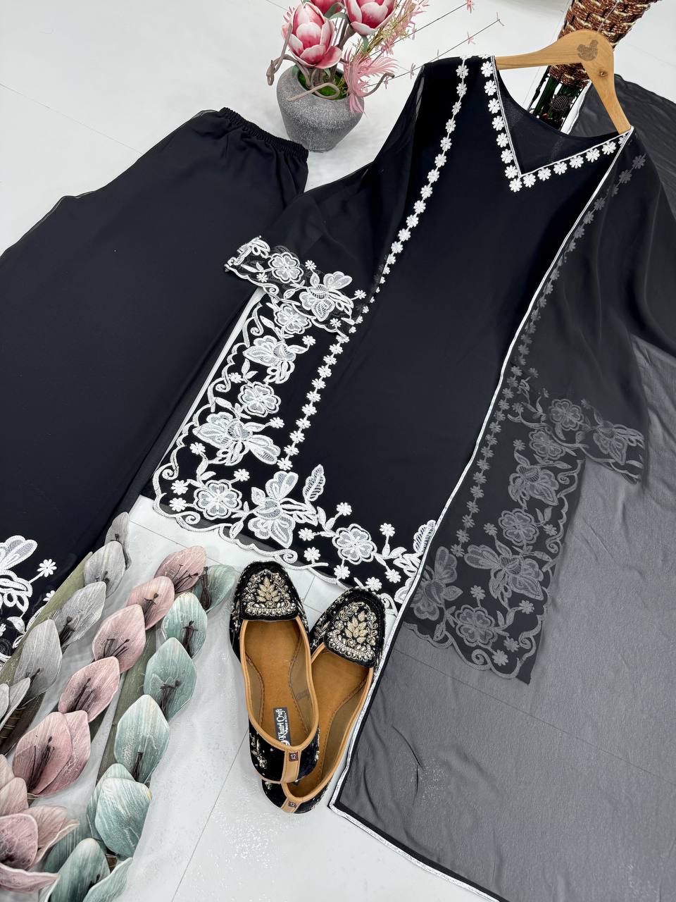 Lovely Black Georgette Embroidery Palazzo Suit