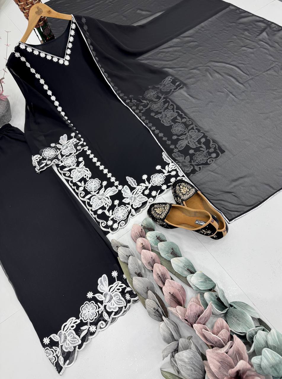 Lovely Black Georgette Embroidery Palazzo Suit