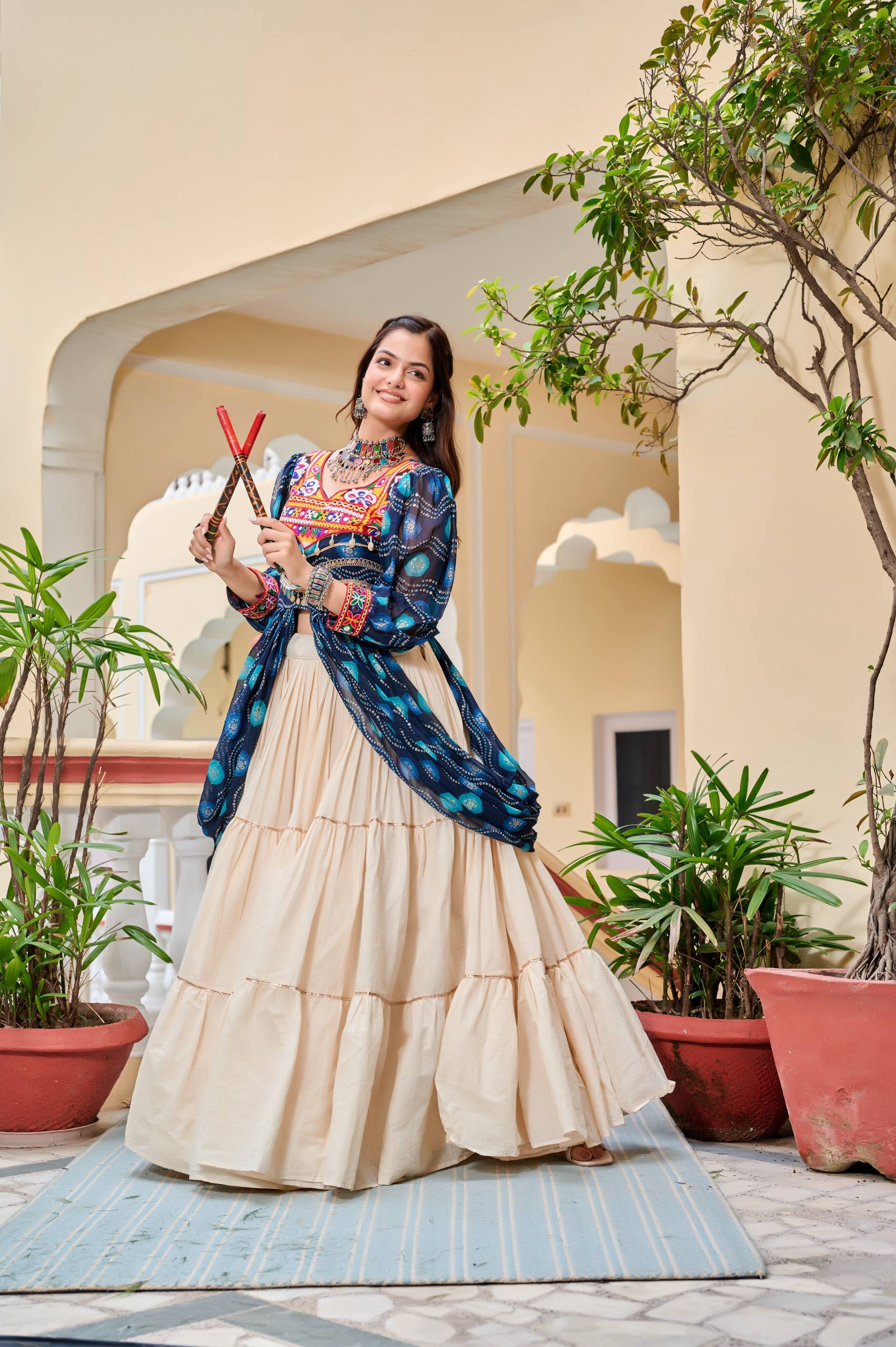 Pretty Mehndi Color Gamthi Work Shrug With Lehenga