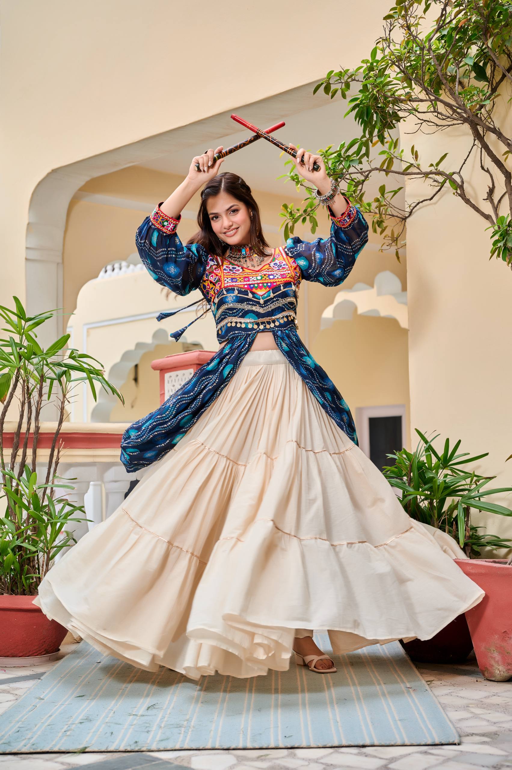 Pretty Mehndi Color Gamthi Work Shrug With Lehenga