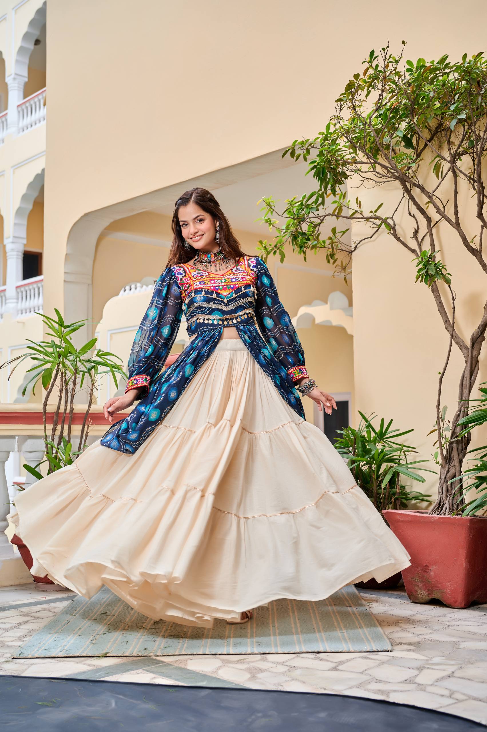 Pretty Mehndi Color Gamthi Work Shrug With Lehenga