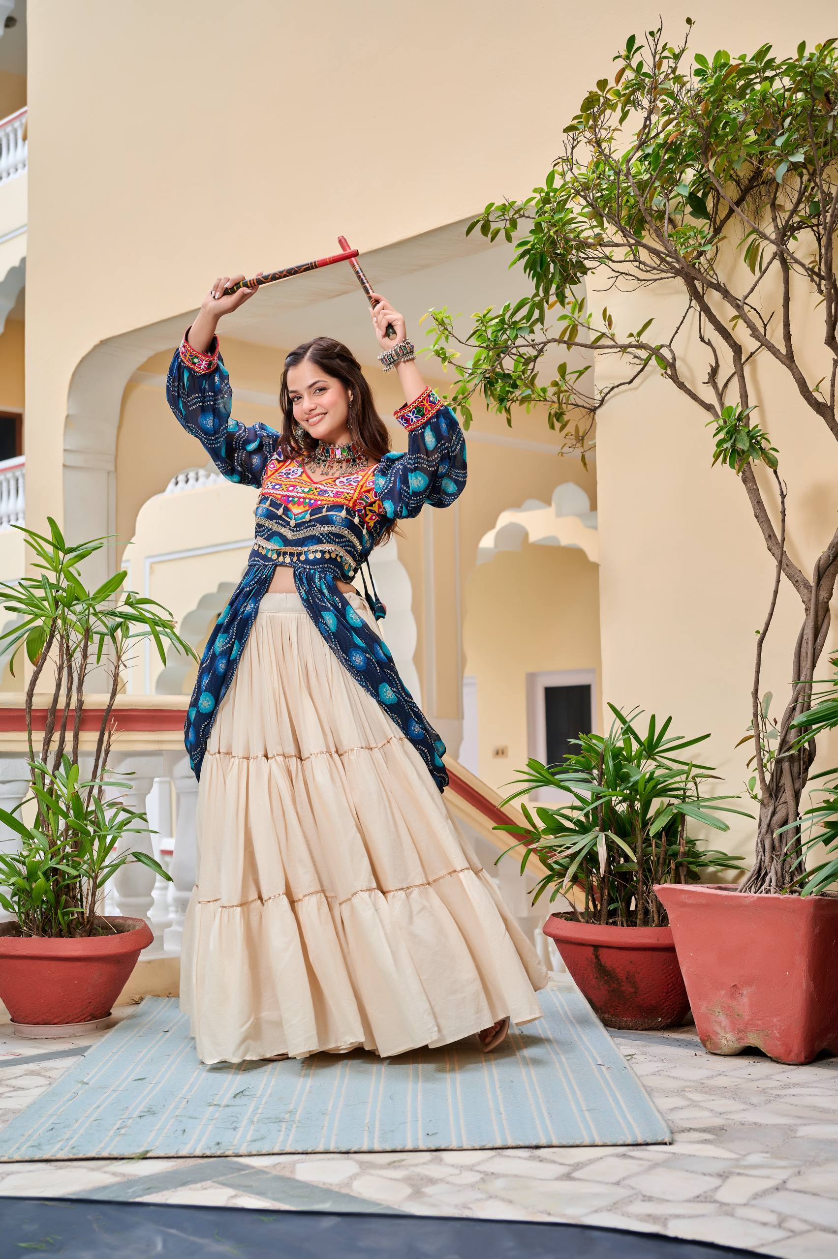 Pretty Mehndi Color Gamthi Work Shrug With Lehenga