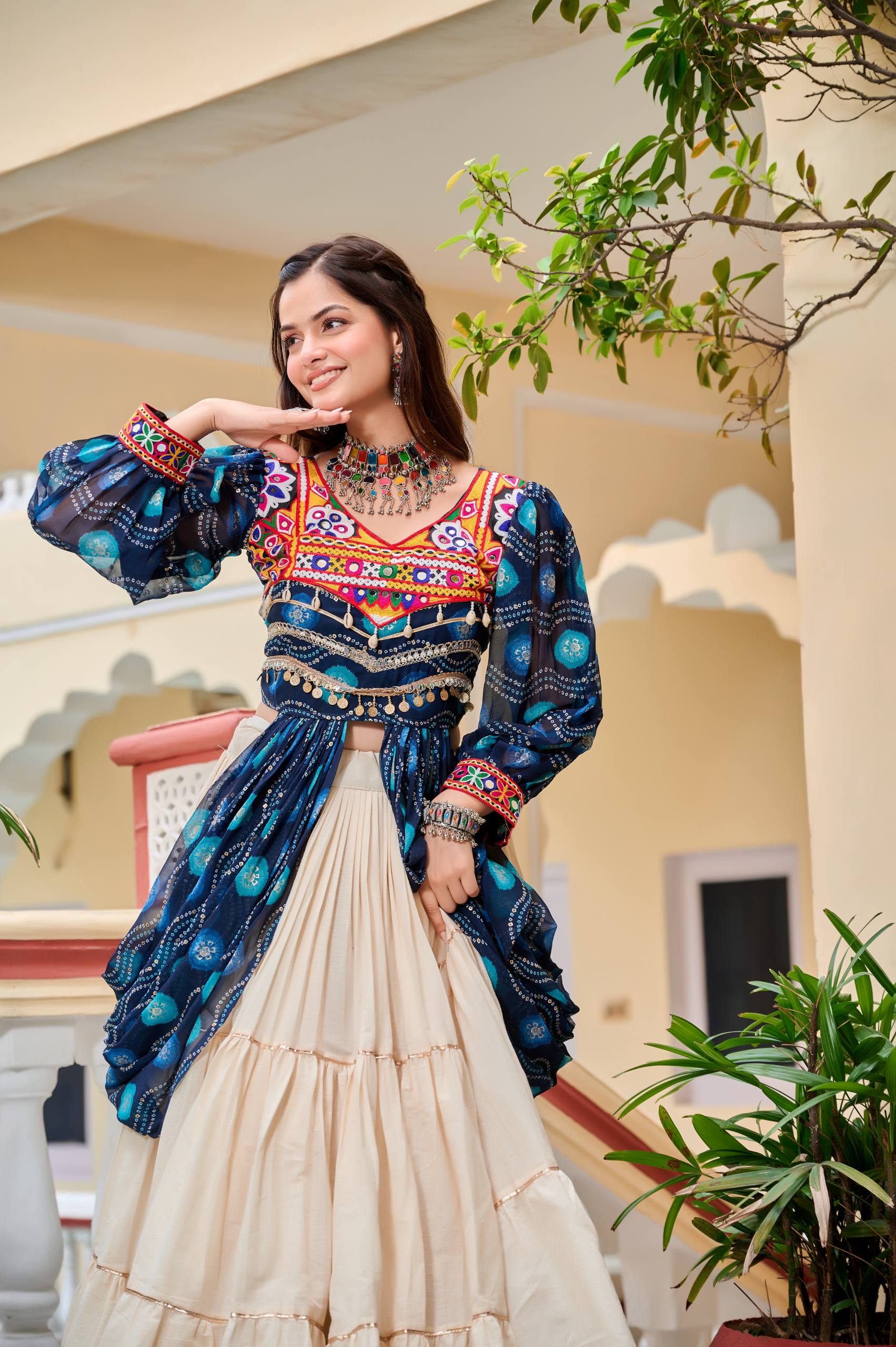 Pretty Mehndi Color Gamthi Work Shrug With Lehenga
