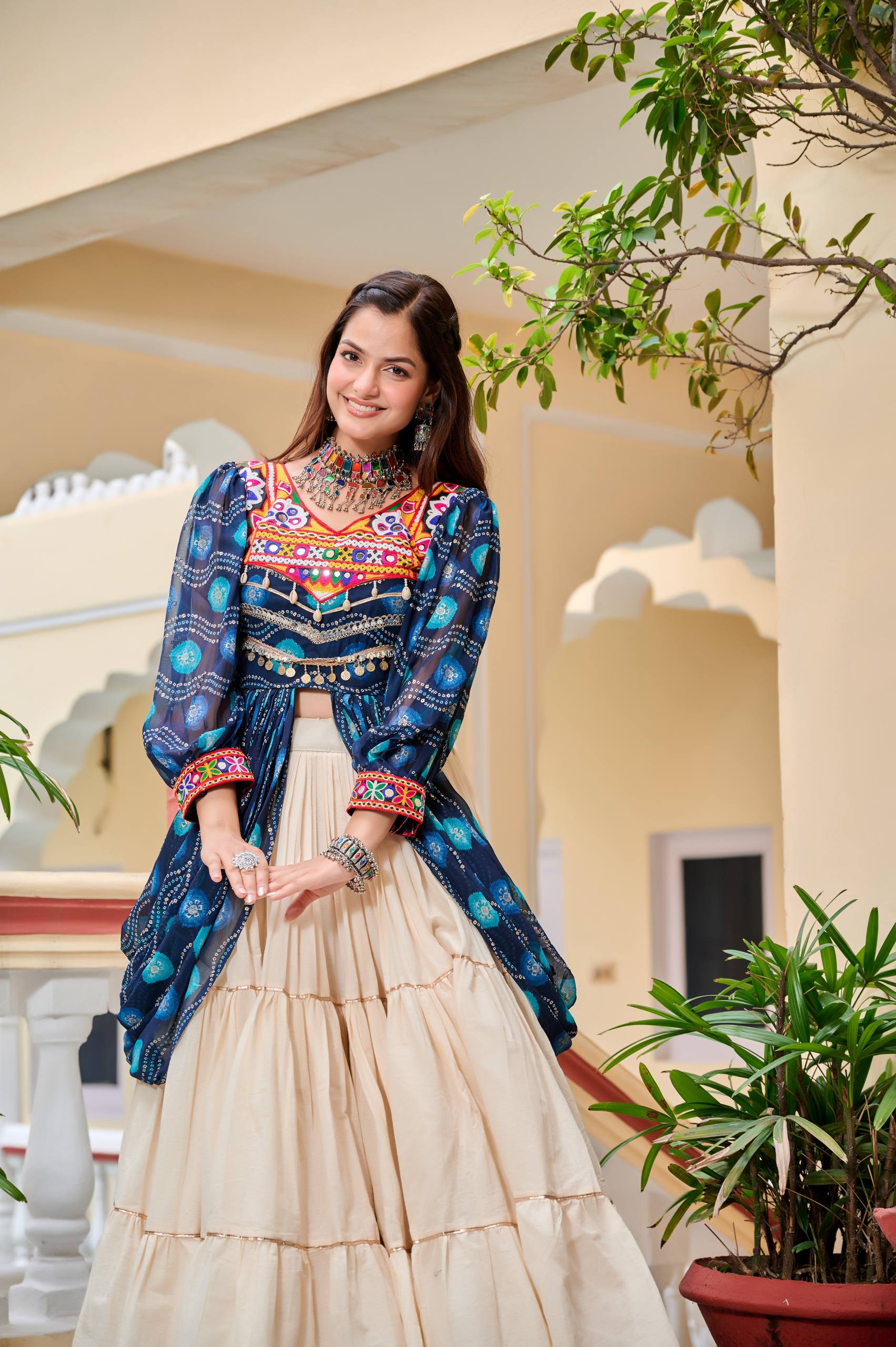 Pretty Mehndi Color Gamthi Work Shrug With Lehenga